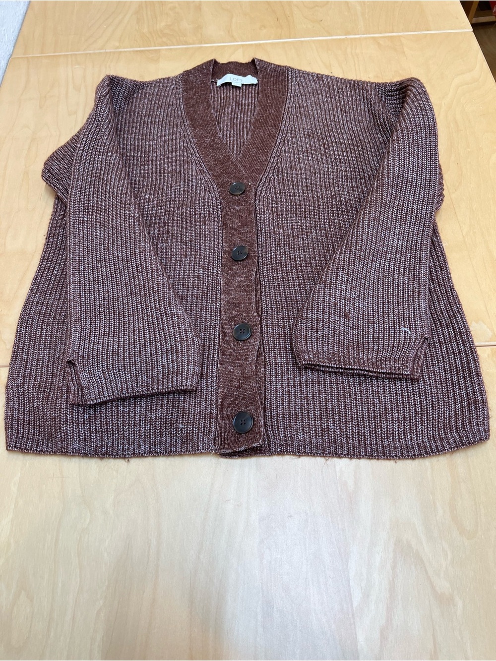 LOFT Brown Ribbed V-Neck Button Cardigan